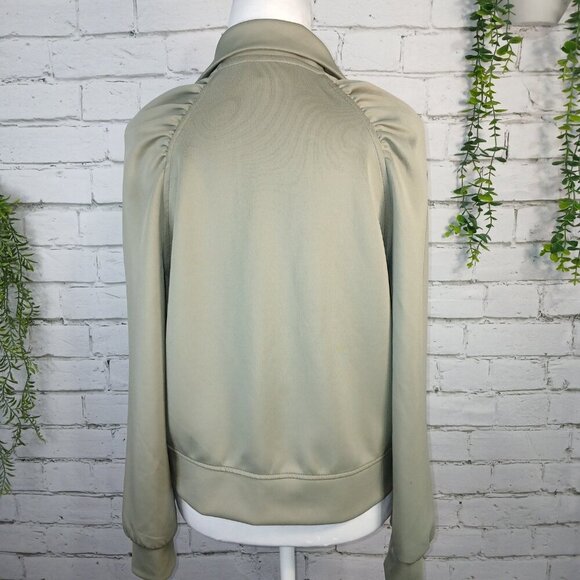 WOMENS DKNY OLIVE ZIP UP JACKET,  SHOULDERS ARE GATHERED, CUFFED SLEEVES SIZE S - Picture 9 of 10